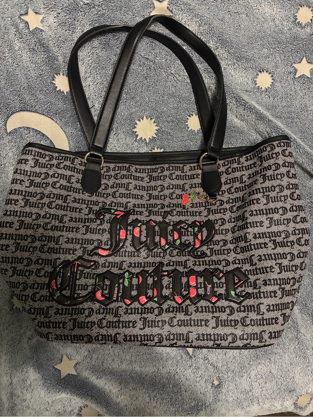 Juicy Couture Black and Gray Logo Tote with Pink Cherry Accents